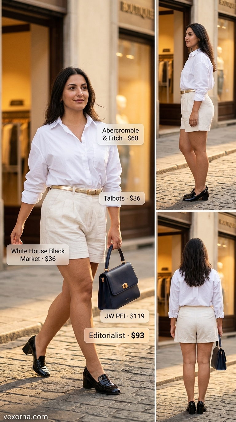 City Chic Summer Outfits for Women 2026 Polished summer outfits for women 2026: Navy linen shorts, crisp white shirt, gold belt & loafers.