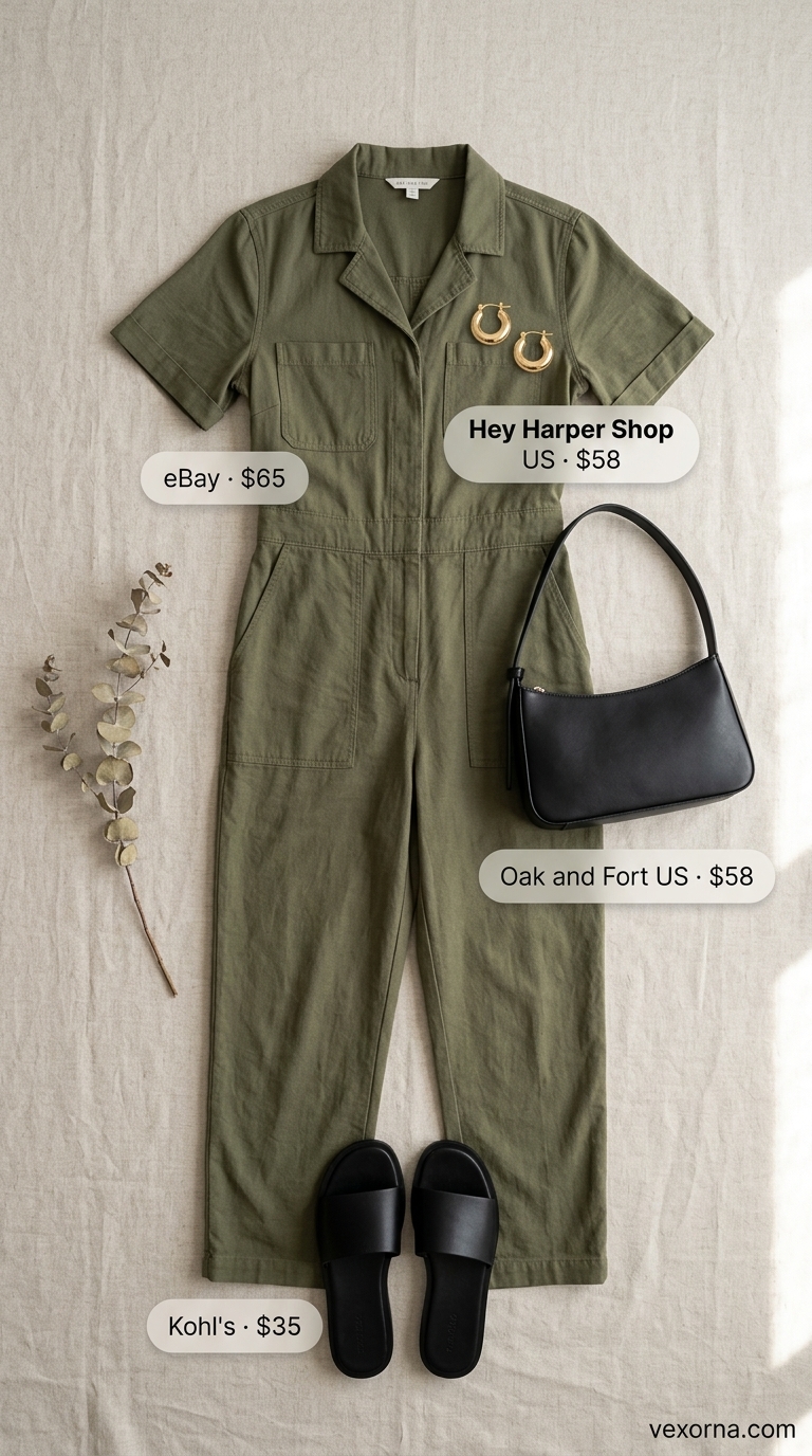 Utility Chic Summer Outfits for Women 2026 Modern summer outfits for women 2026: Olive utility jumpsuit, black slides & gold hoops.
