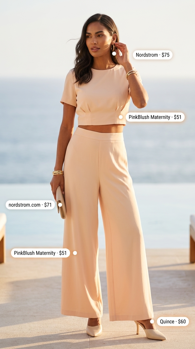 Sunny Sophisticate Summer Outfits for Women 2026 Elegant summer outfits for women 2026: Peach linen set, cream mules & gold hoop earrings.