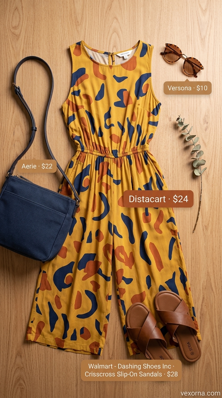 Casual Weekend Summer Outfits 2026 Quirky summer outfits for women 2026: Mustard yellow romper, canvas bag, tortoise sunglasses for weekend trip.