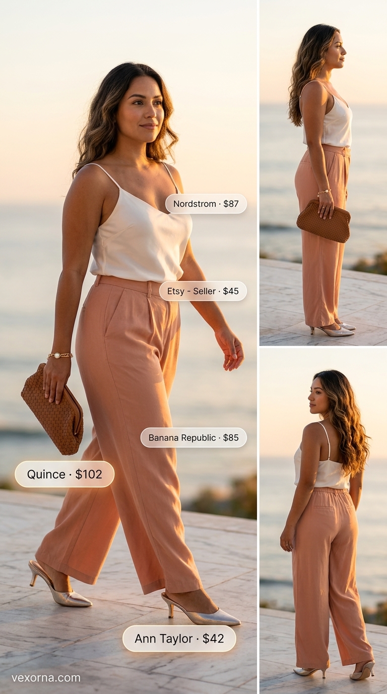 Resort Evening Summer Outfits 2026 Refined summer outfits for women 2026: Ivory wide-leg pants, peach silk cami, gold mules for resort dinner.