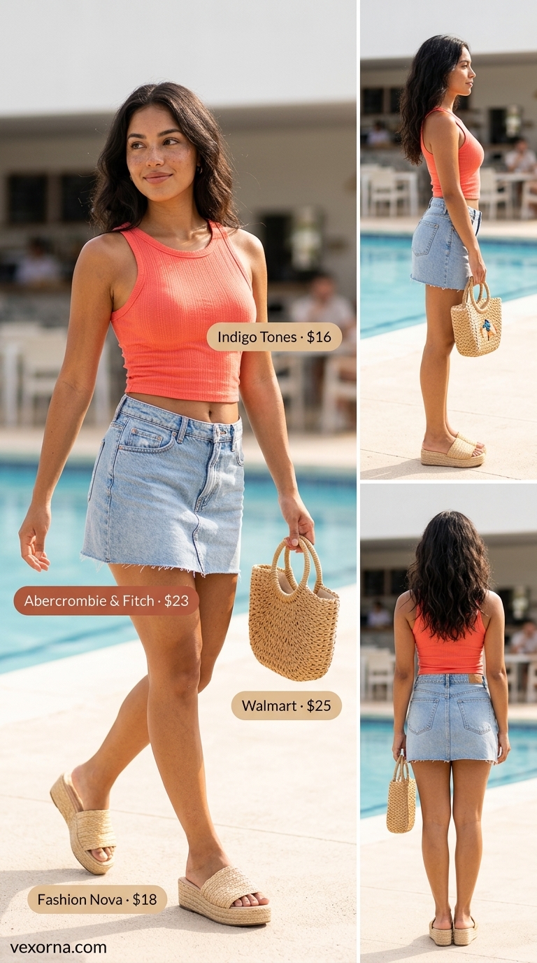 Retro Summer Outfits for Women 2026 Light wash denim mini skirt and coral crop top for retro poolside glam summer outfits for women 2026.