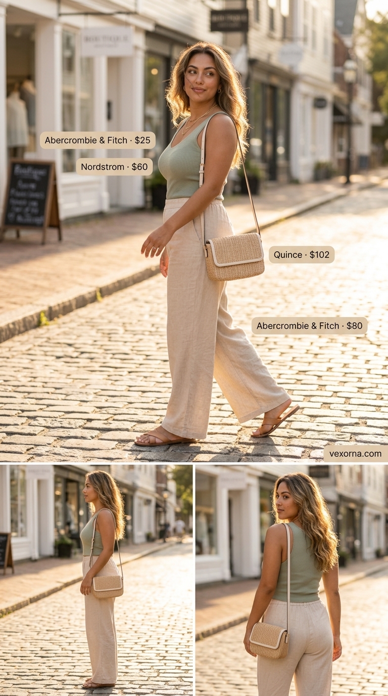 Boardwalk Stroll Summer Outfits for Women 2026 Relaxed summer outfits for women 2026: Sage green linen pants, cream tank, tan sandals & straw bag.