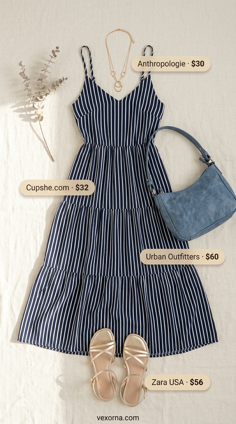 Riviera Retreat Summer Outfits for Women 2026 Sophisticated summer outfits for women 2026: Navy & white striped maxi dress, gold sandals & bag.