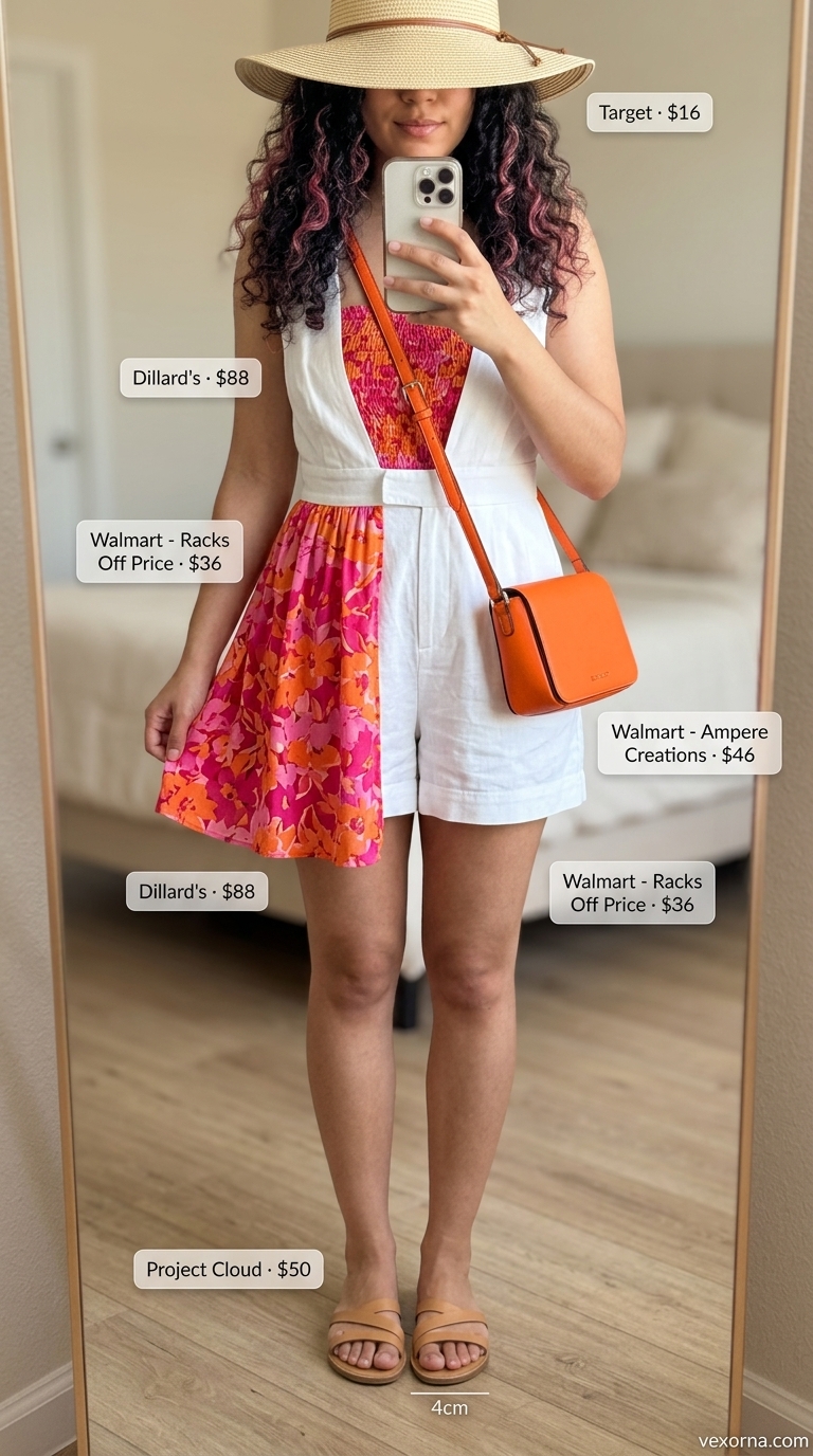 Hot pink floral strapless mini dress for summer outfits for women 2026. Styled with white sandals & hat.