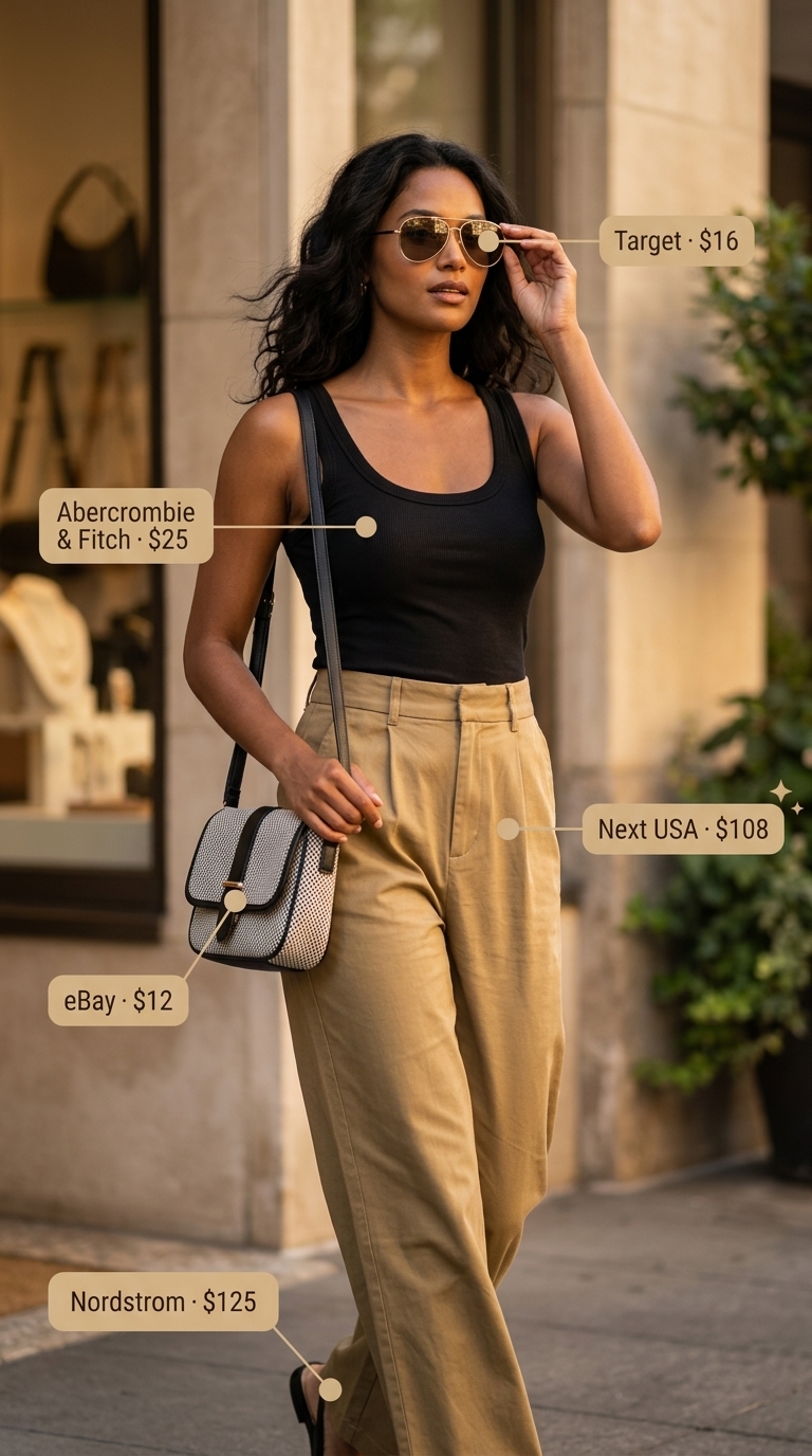 Urban Safari Summer Outfits 2026 Chic summer outfits for women 2026: Khaki utility romper, white tank, platform sandals for urban exploration.