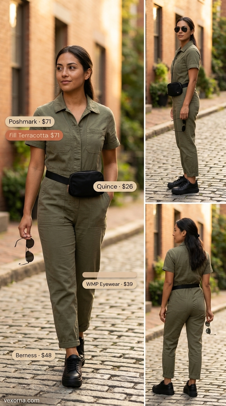 Tropical Utility Summer Outfits 2026 Adventurous summer outfits for women 2026: Olive utility jumpsuit, chunky sneakers for travel.