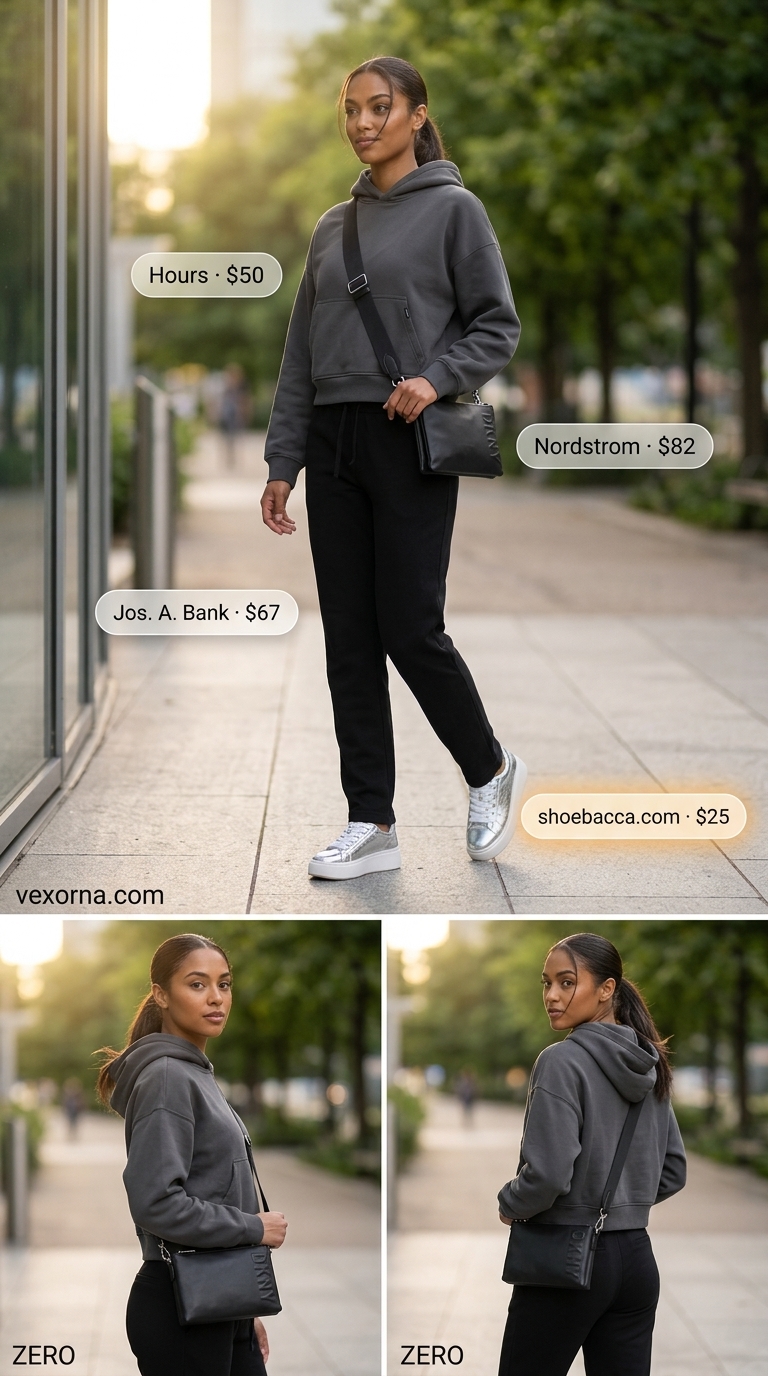 Summer outfits with platform sneakers for women 2026: Black joggers, grey hoodie, and silver metallic platform sneakers for airport travel.