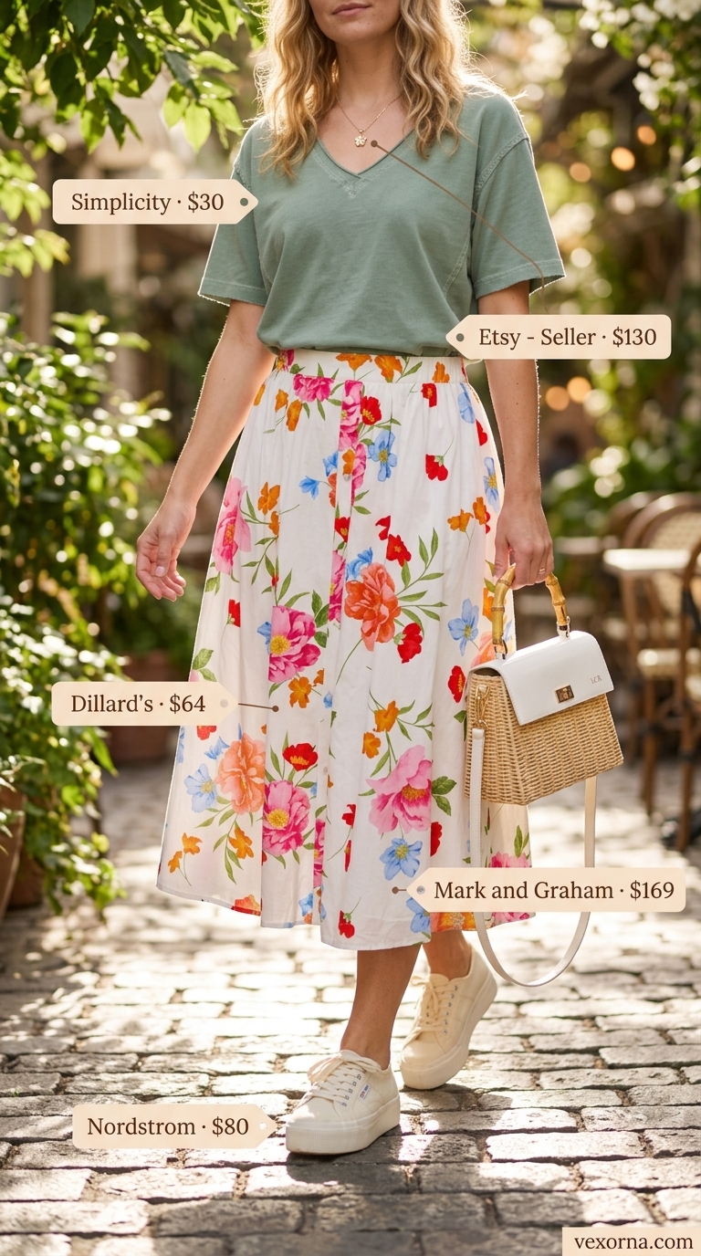 Summer outfits with platform sneakers for women 2026: Floral midi skirt, cream knit top, and canvas platform sneakers for a botanical brunch.