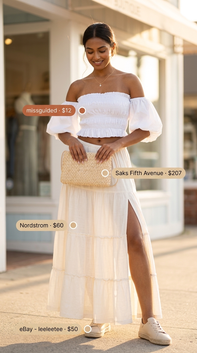 Summer outfits with platform sneakers for women 2026: White smocked top, tiered maxi skirt, and espadrille platform sneakers for coastal evenings.