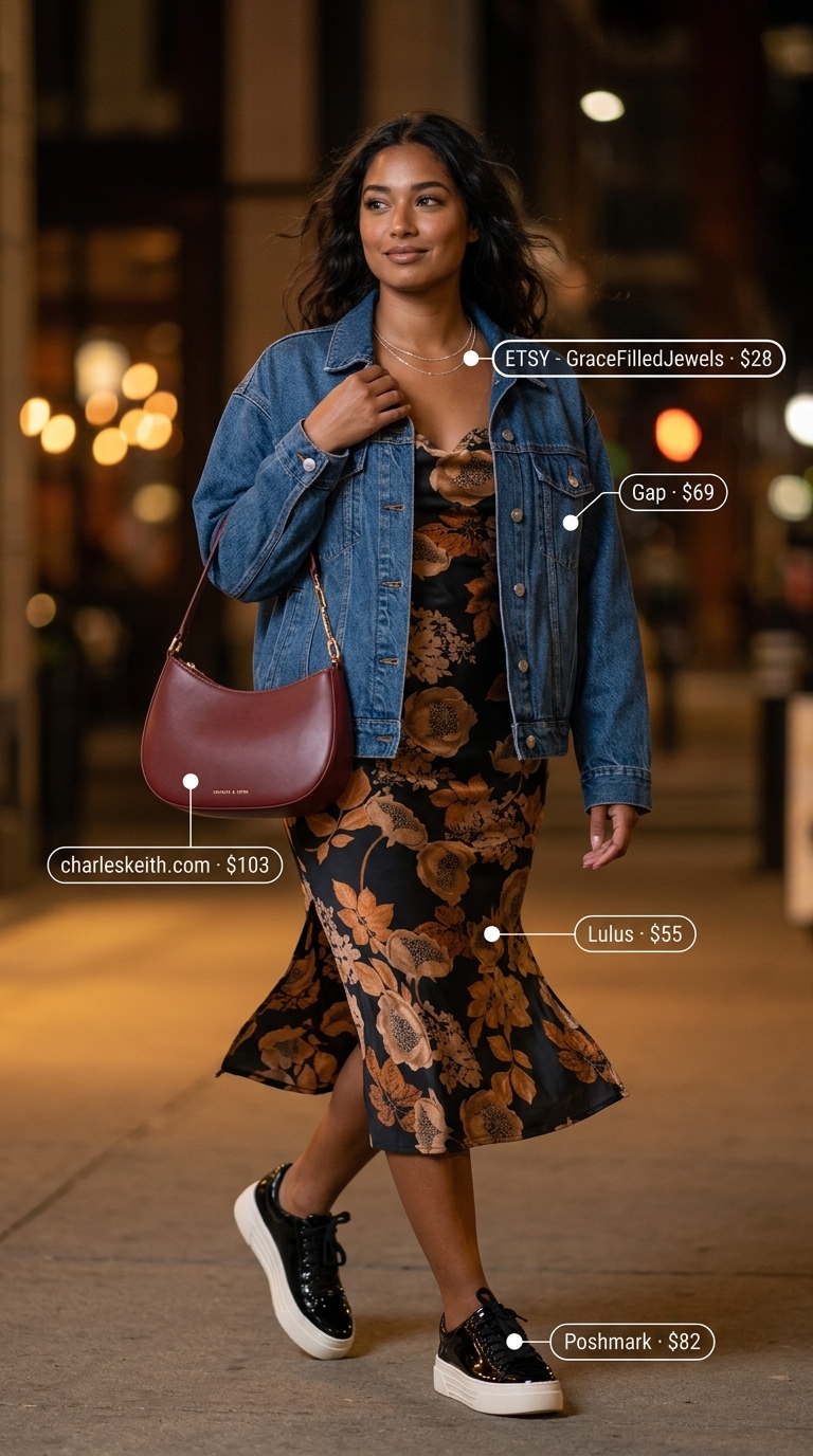 Summer outfits with platform sneakers for women 2026: Dark floral slip dress, denim jacket, and black patent platform sneakers for an evening concert.