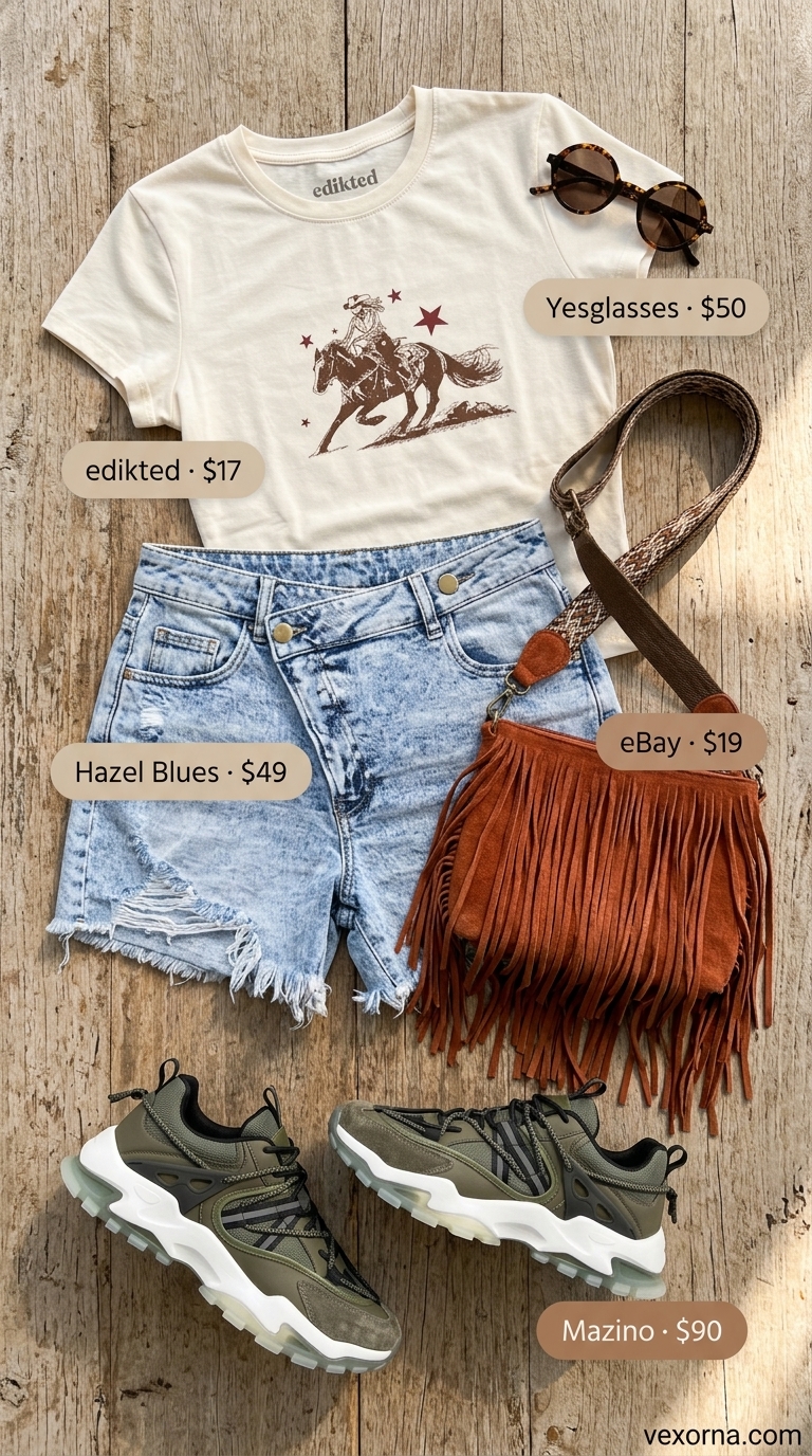 Summer outfits with platform sneakers for women 2026: Distressed denim shorts, graphic tee, and olive green utility platform sneakers for a festival.