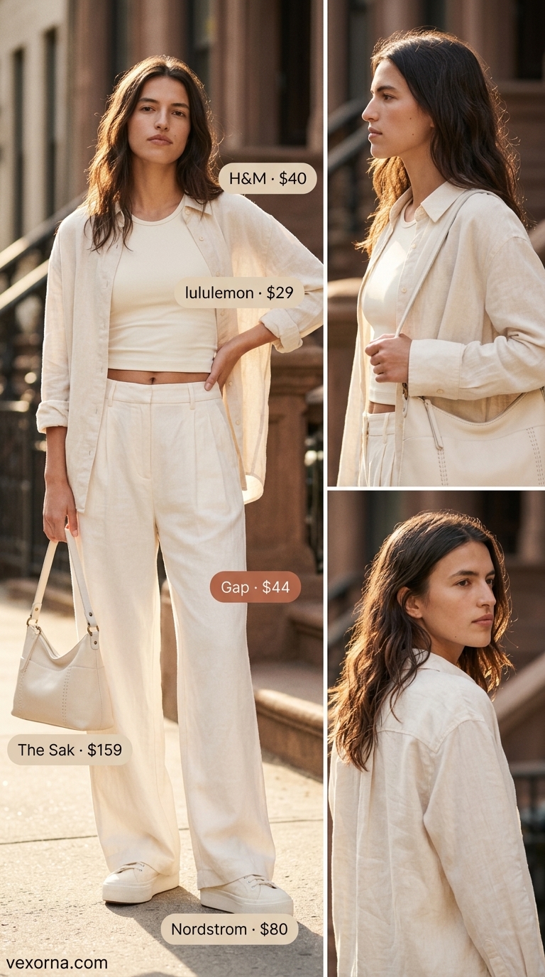 Summer outfits with platform sneakers for women 2026: Linen trousers, ribbed tank, and cream sneakers for a gallery opening.