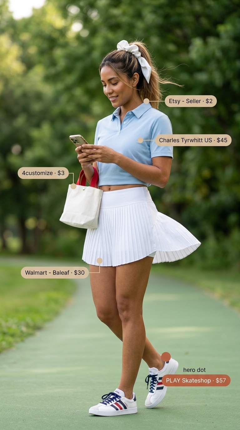Summer outfits with platform sneakers for women 2026: Sky blue polo, white tennis skirt, and striped platform sneakers for a lakeside lunch.