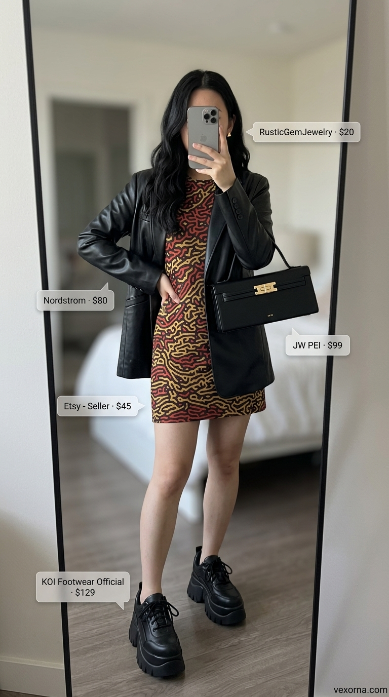 Bold abstract print mini dress with oversized blazer and chunky platform sneakers. Summer outfits with platform sneakers for women 2026.