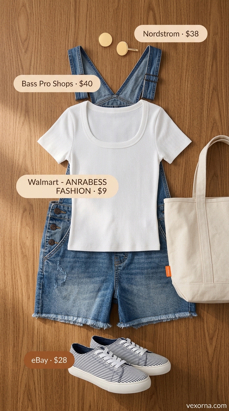 Artsy cafe look with denim shortalls, striped t-shirt, and canvas platform sneakers. Summer outfits with platform sneakers for women 2026.