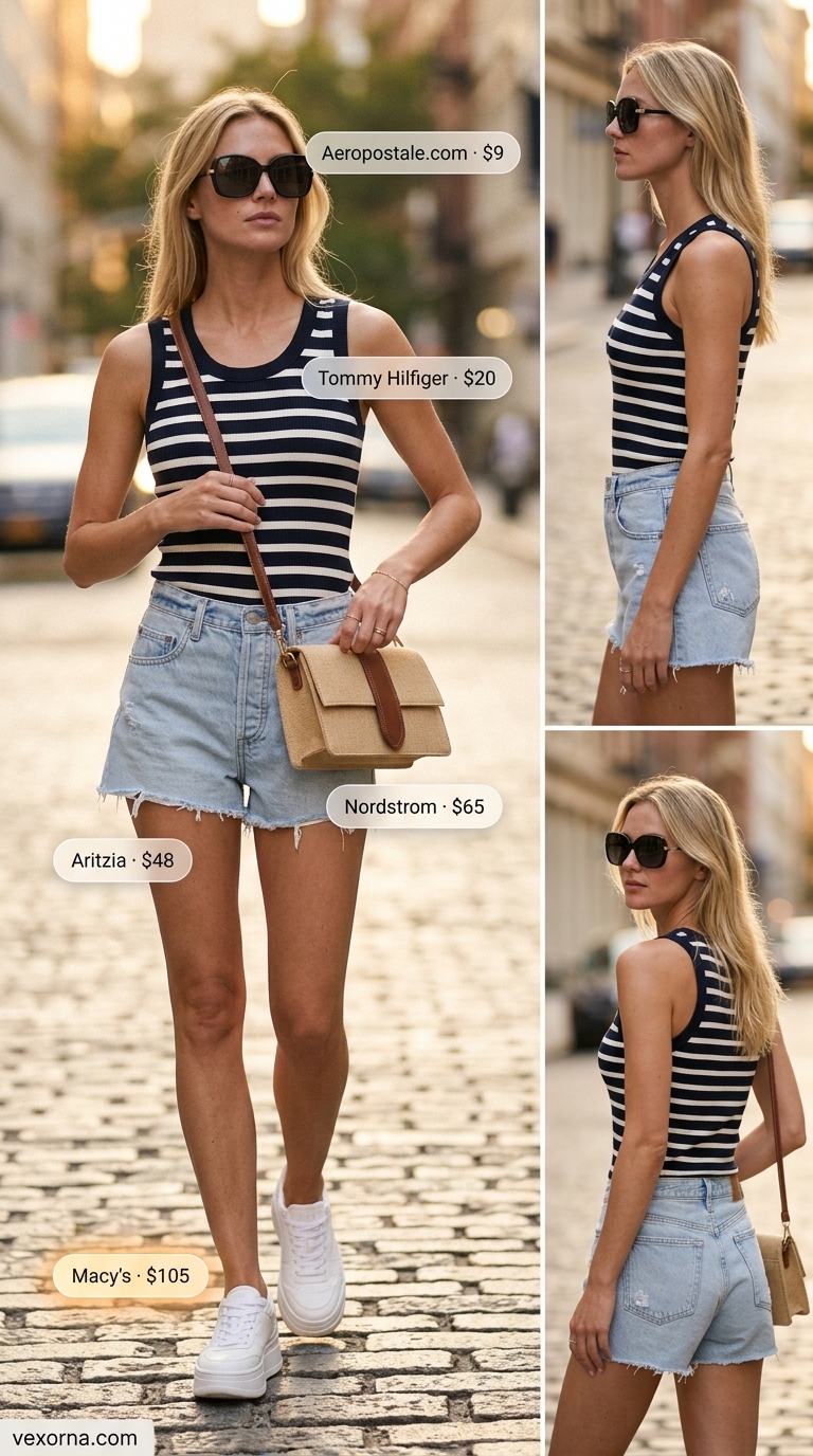 White platform sneakers with denim shorts and striped tank for everyday summer outfits with platform sneakers for women 2026.