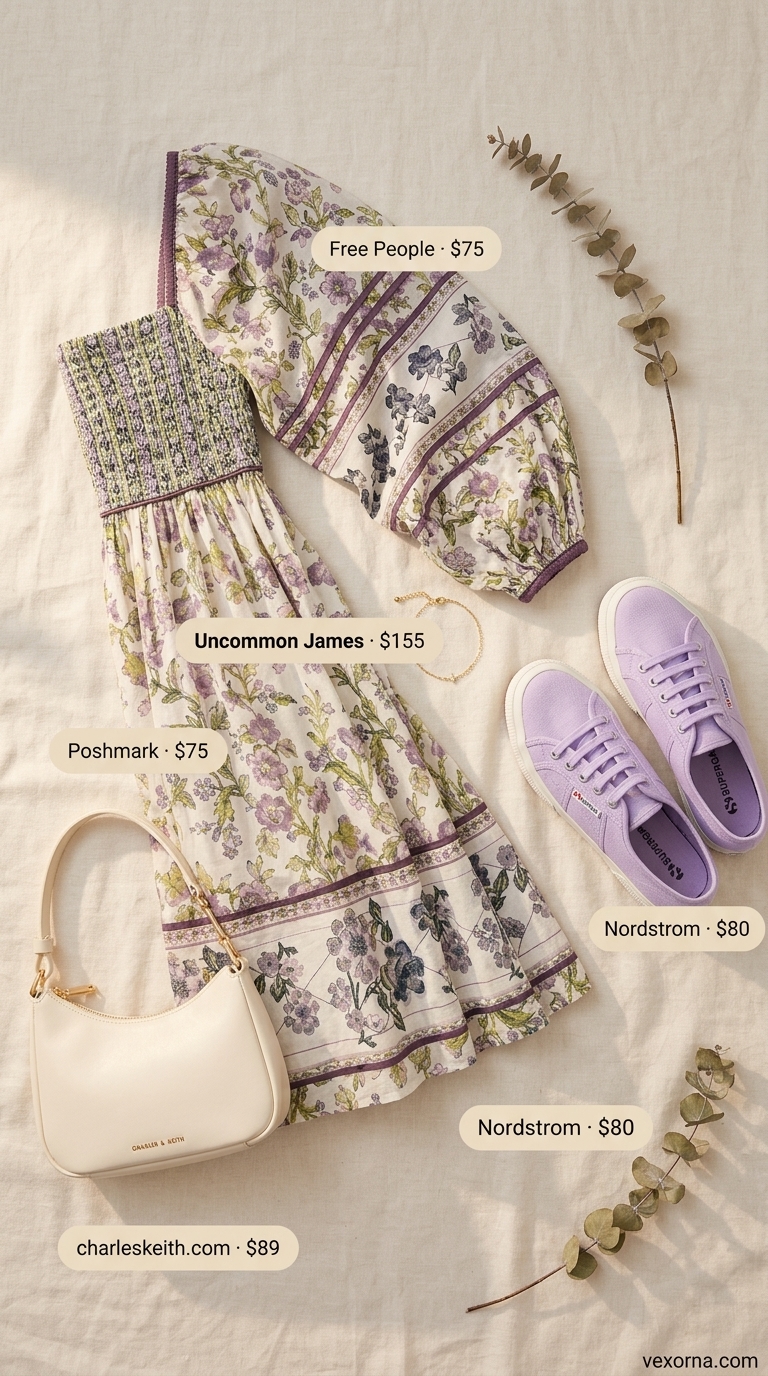 Lavender platform sneakers with floral mini dress for garden brunch summer outfits with platform sneakers for women 2026.