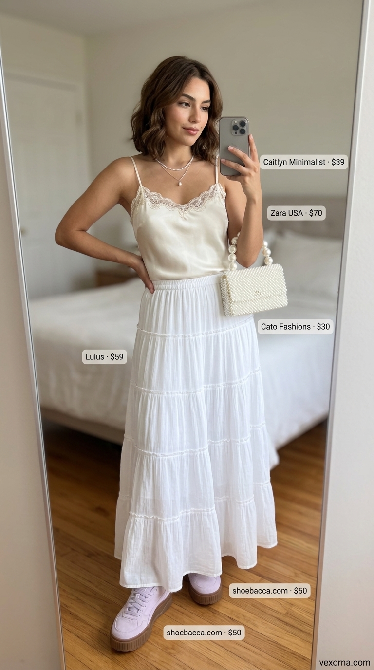 Dreamy lavender tiered maxi skirt with camisole & pearl bag, paired with suede platform sneakers. Summer outfits with platform sneakers for women 2026.