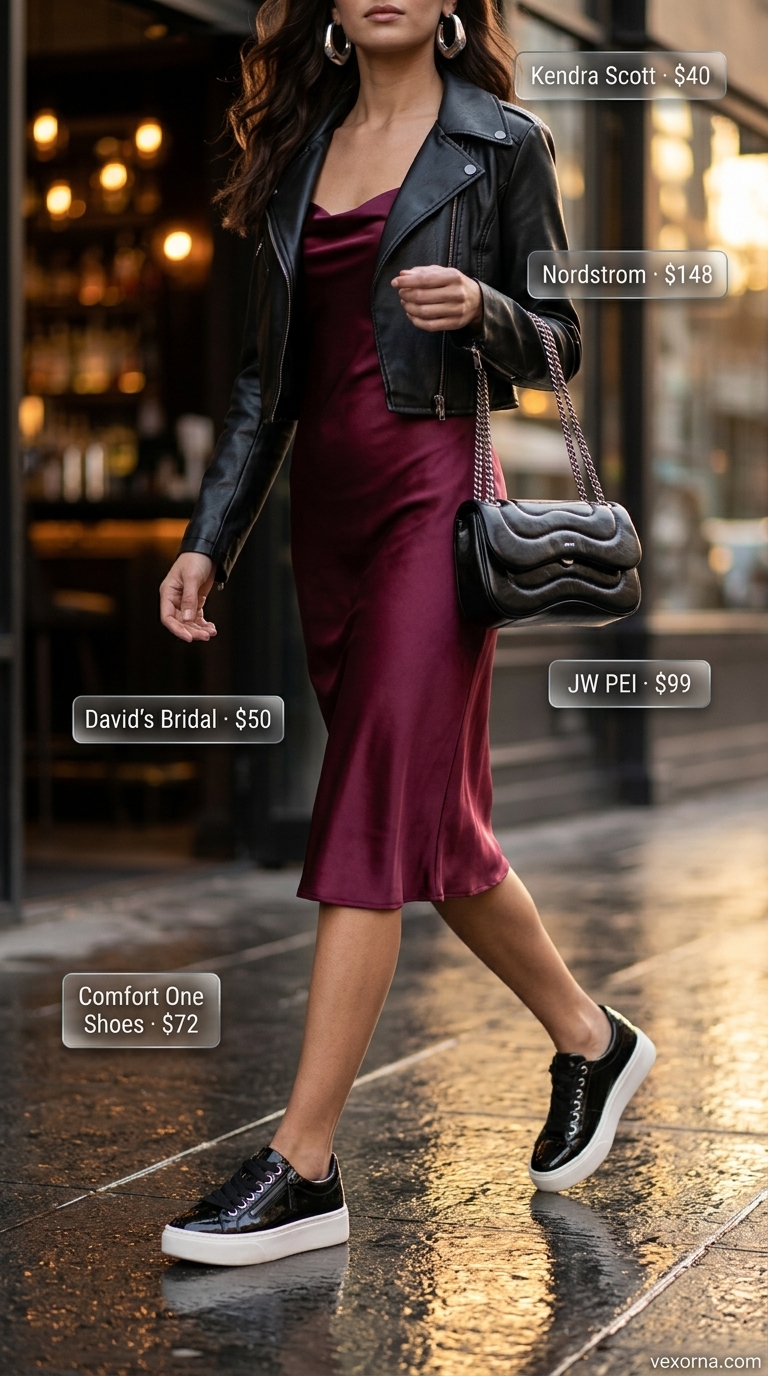 Sultry black satin slip dress with faux leather jacket & platform sneakers. Summer outfits with platform sneakers for women 2026.