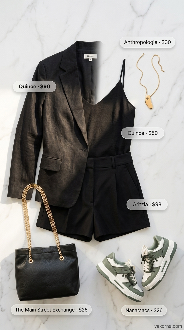 Olive green platform sneakers with black linen blazer outfit for city exploring summer outfits with platform sneakers for women 2026.