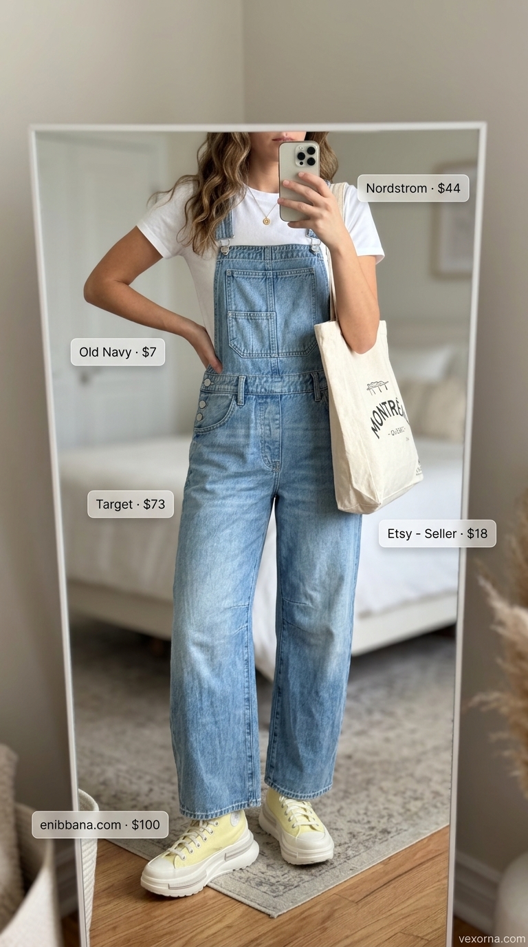 Playful pastel yellow high-top sneakers with denim overalls and a graphic tote. Summer outfits with platform sneakers for women 2026.