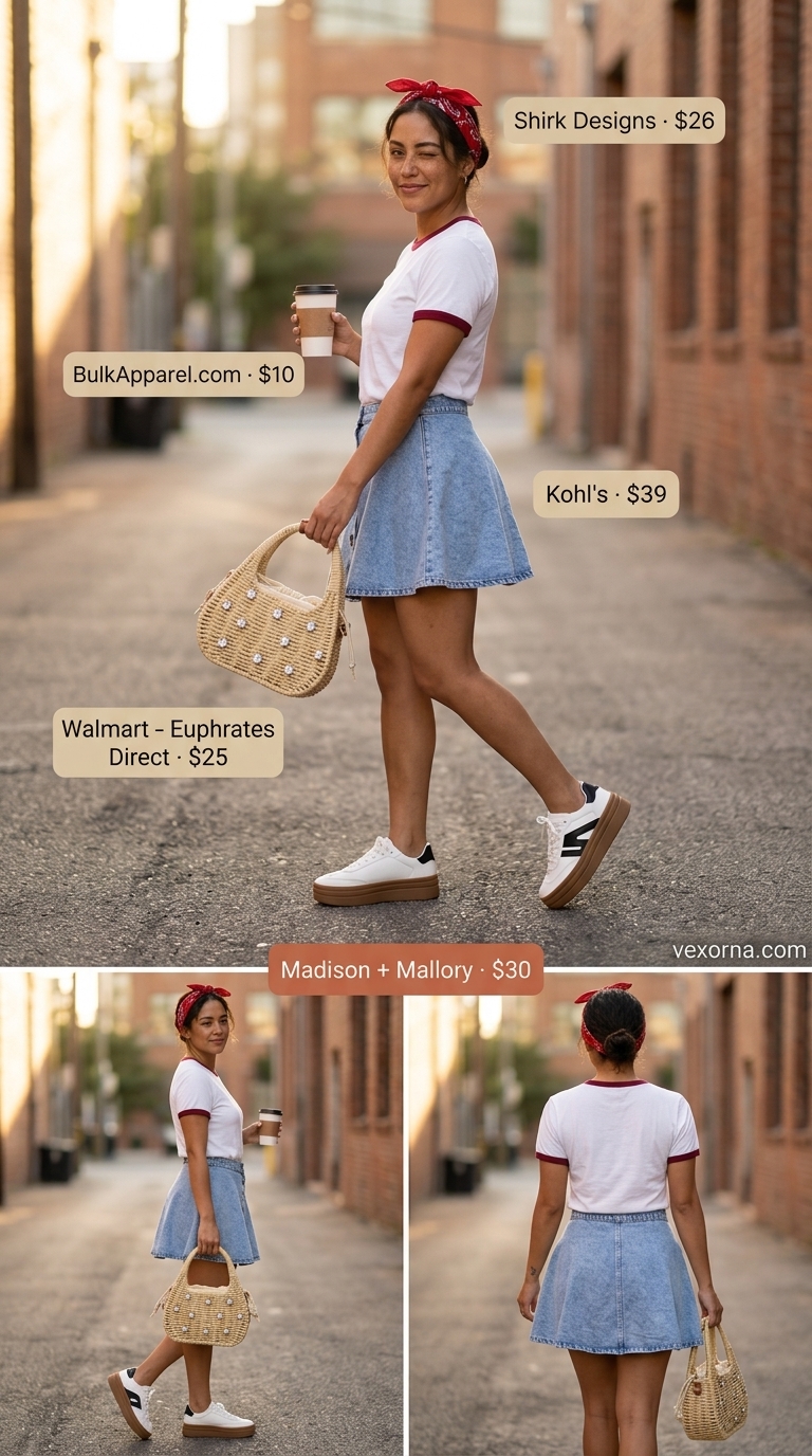 Retro color-block platform sneakers with denim mini skirt and ringer tee for picnic summer outfits with platform sneakers for women 2026.