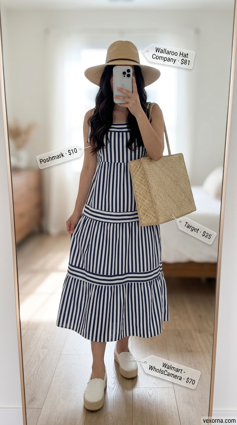 Relaxed seaside stripe midi dress with straw hat and espadrille platform sneakers. Summer outfits with platform sneakers for women 2026.