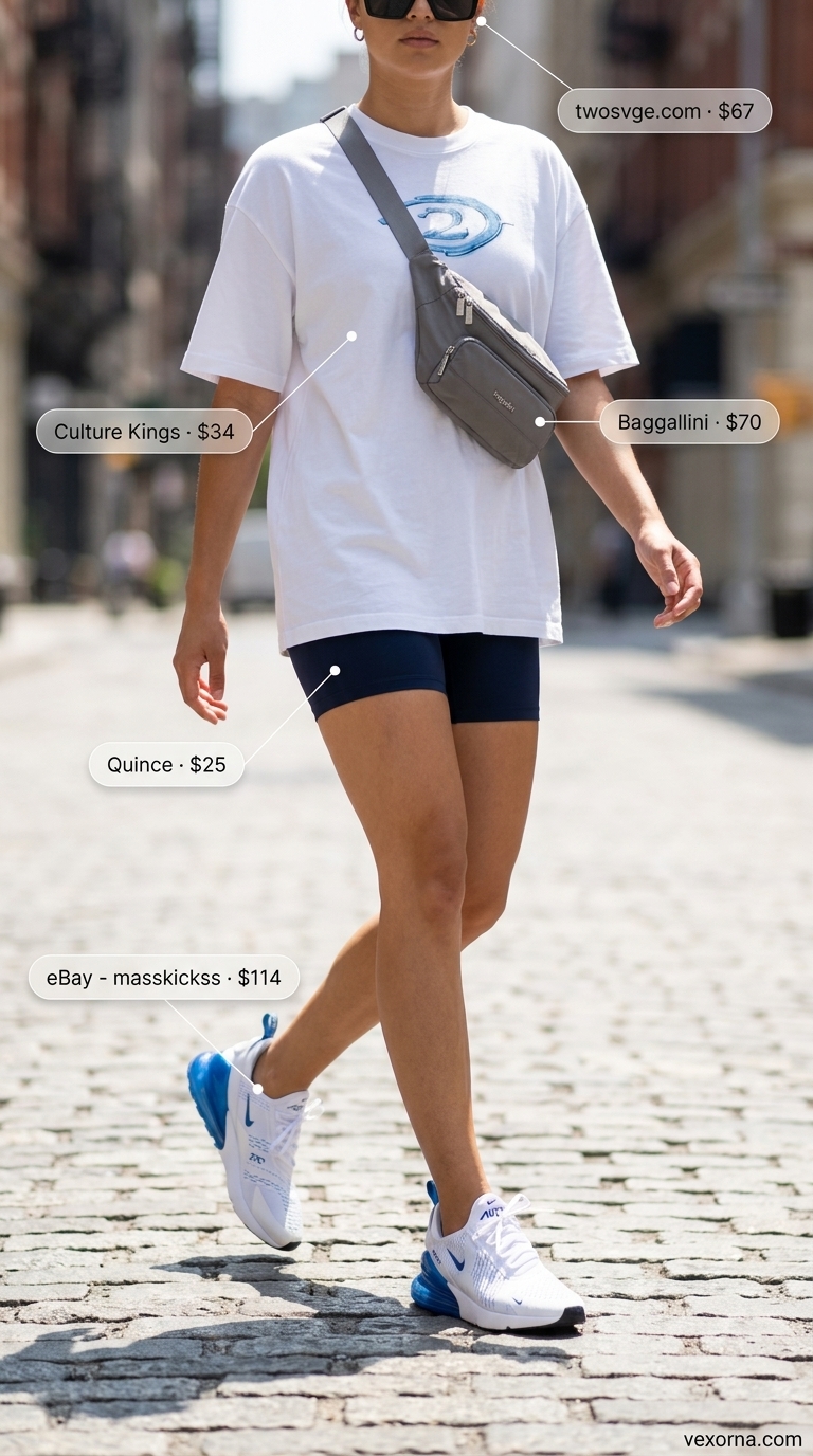 Sporty travel outfit with bike shorts, oversized graphic tee, and white/blue platform sneakers. Summer outfits with platform sneakers for women 2026.