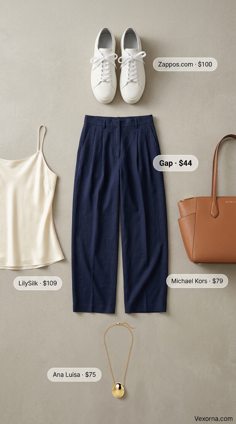 White leather platform sneakers with navy wide-leg trousers for office summer outfits with platform sneakers for women 2026.