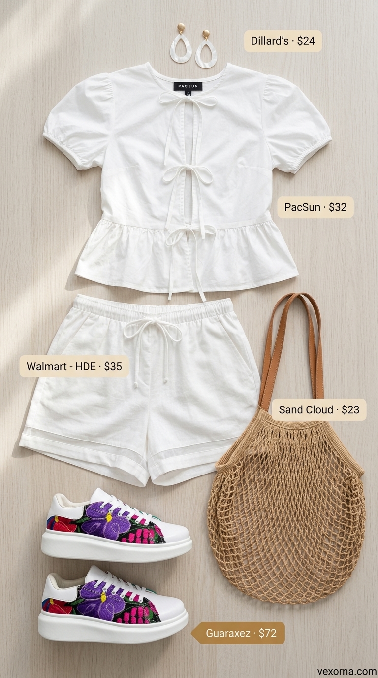 Floral platform sneakers with linen shorts and crop top for tropical summer outfits with platform sneakers for women 2026.