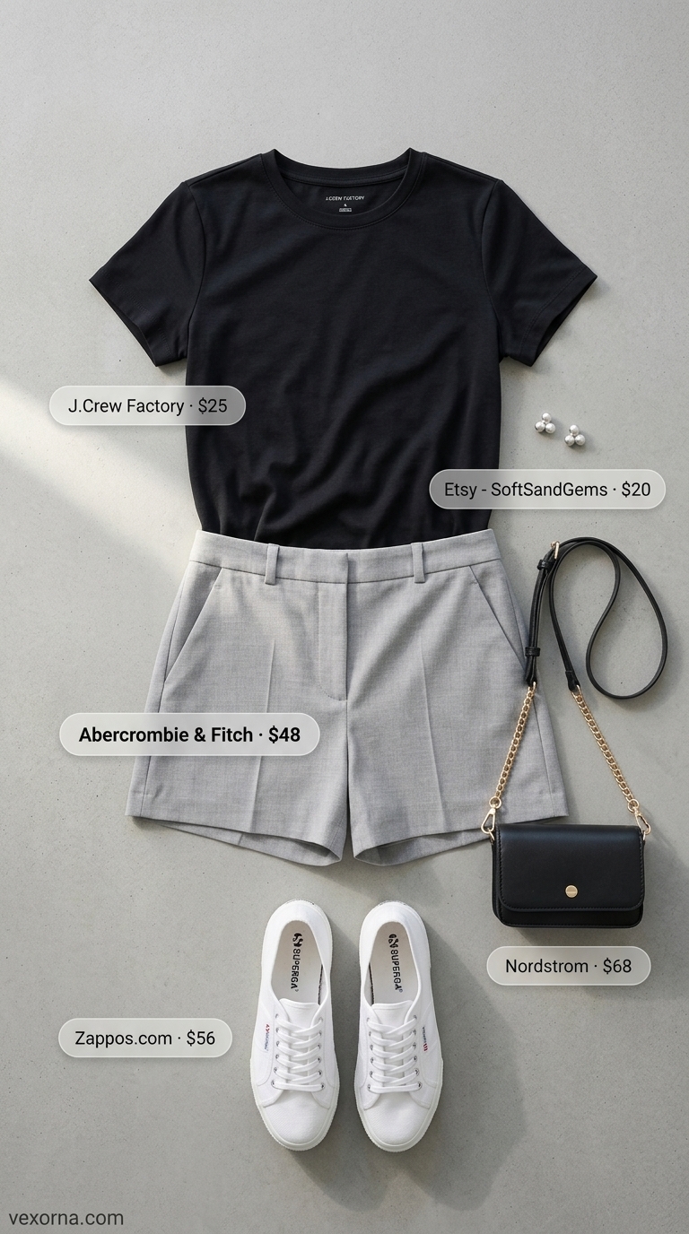 White canvas platform sneakers with tailored shorts and crew neck tee for urban summer outfits with platform sneakers for women 2026.