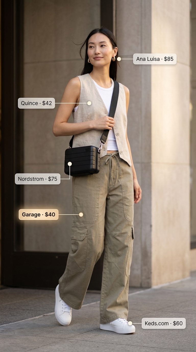 Chic urban safari look with khaki cargo pants, linen vest, and white leather platform sneakers. Summer outfits with platform sneakers for women 2026.