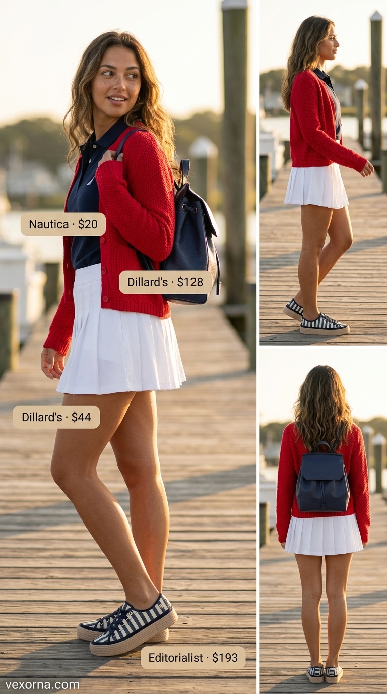 Preppy navy polo shirt, tennis skirt, and striped platform sneakers for a weekend getaway. Summer outfits with platform sneakers for women 2026.