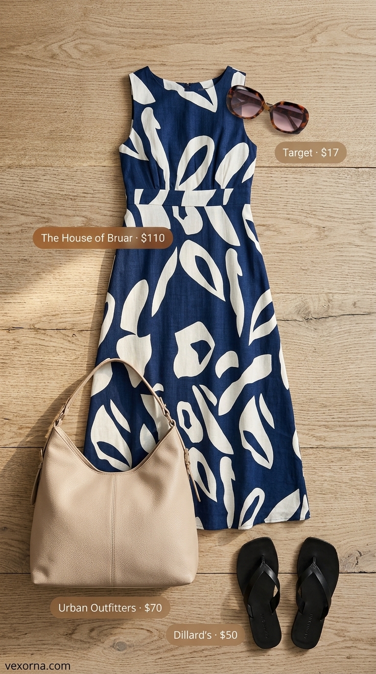 Artistic abstract print maxi dress with flat sandals & hobo bag. Summer outfits with sandals for women 2026.