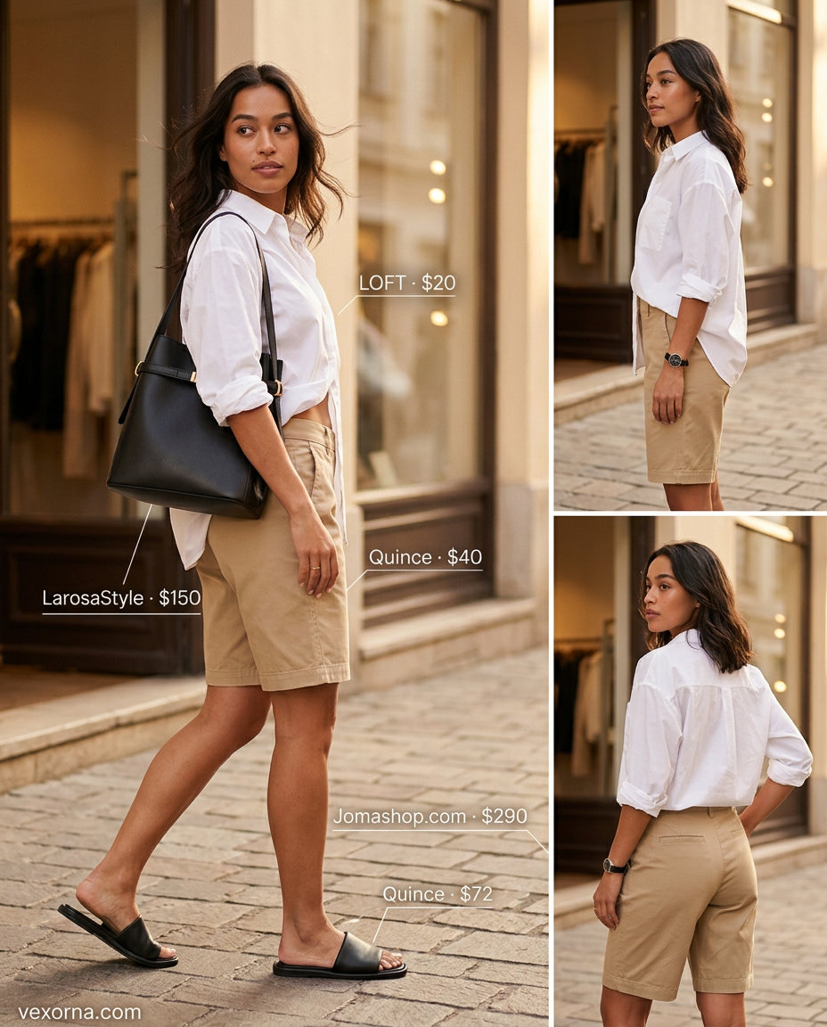 Polished beige Bermuda shorts outfit with white shirt & black slides. Summer outfits with sandals for women 2026.
