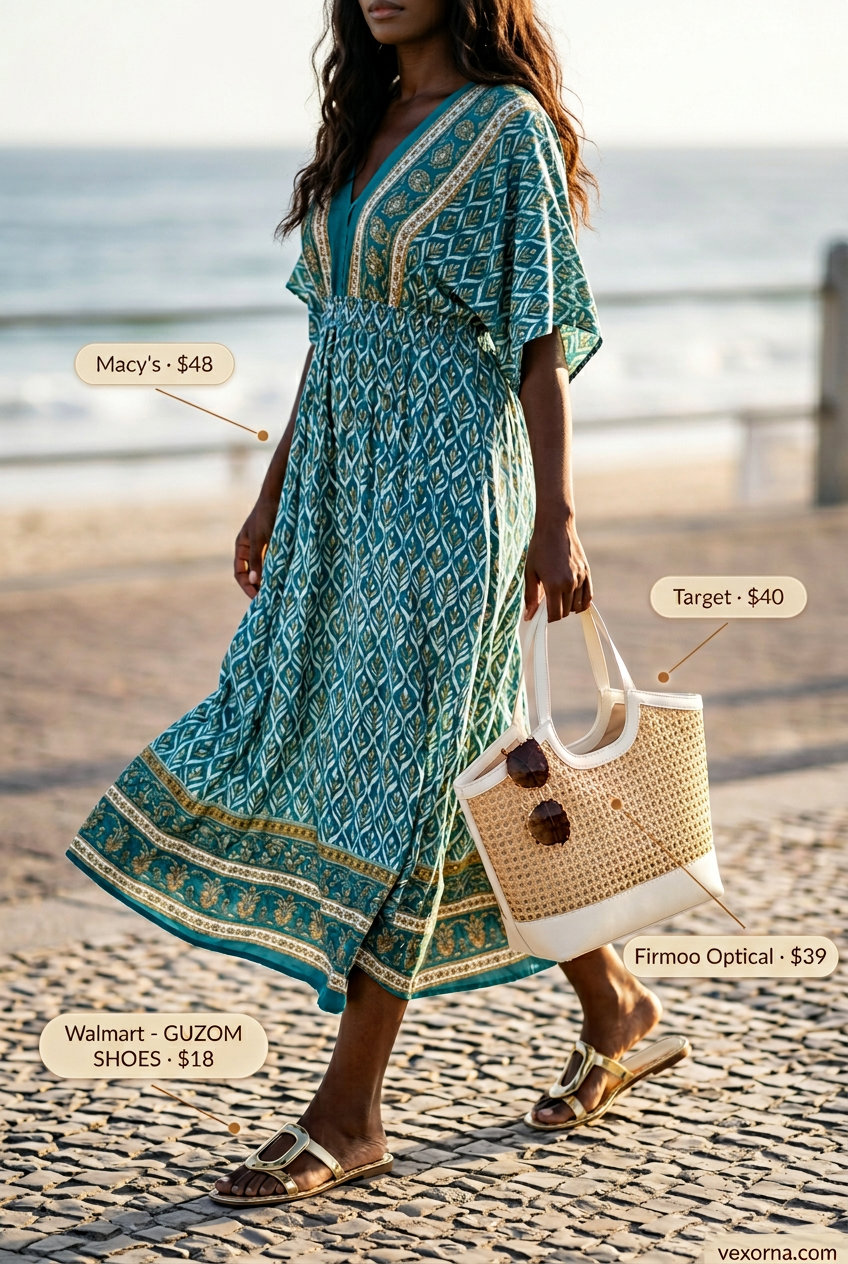 Printed maxi caftan dress for summer outfits with sandals for women 2026. Teal gold print dress, embellished sandals, straw tote.