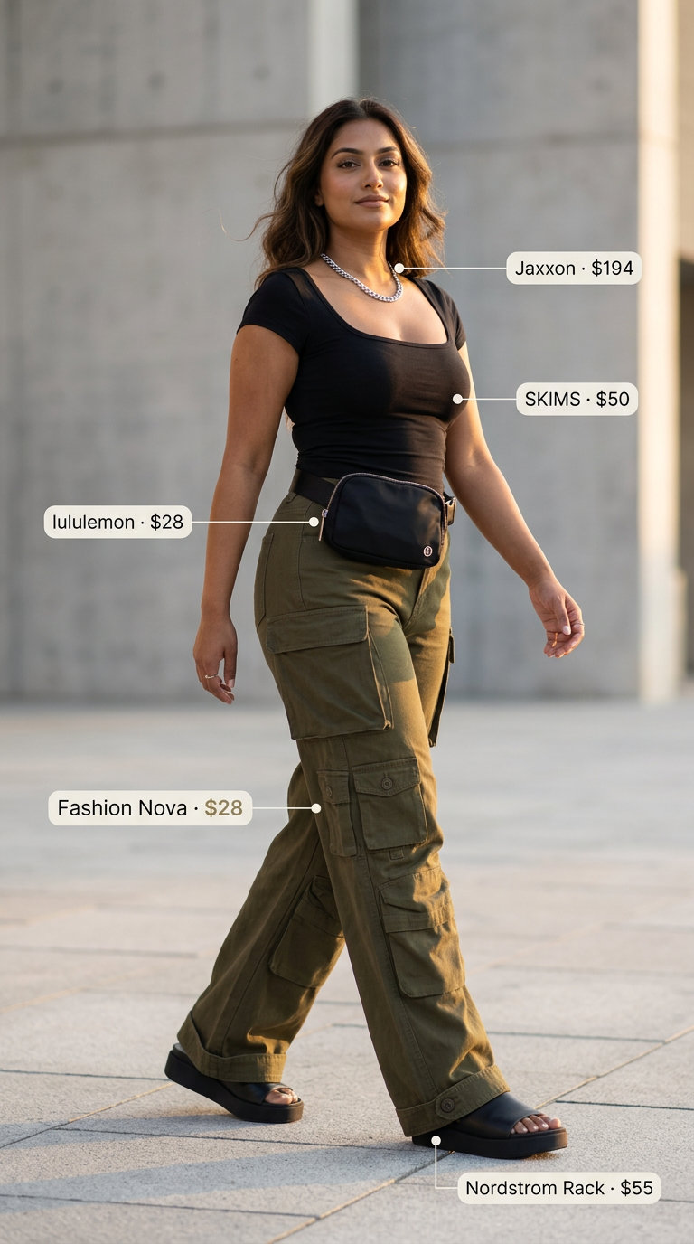 Wide leg cargo pants outfit for summer outfits with sandals for women 2026. Olive green pants, black tee, chunky sandals.