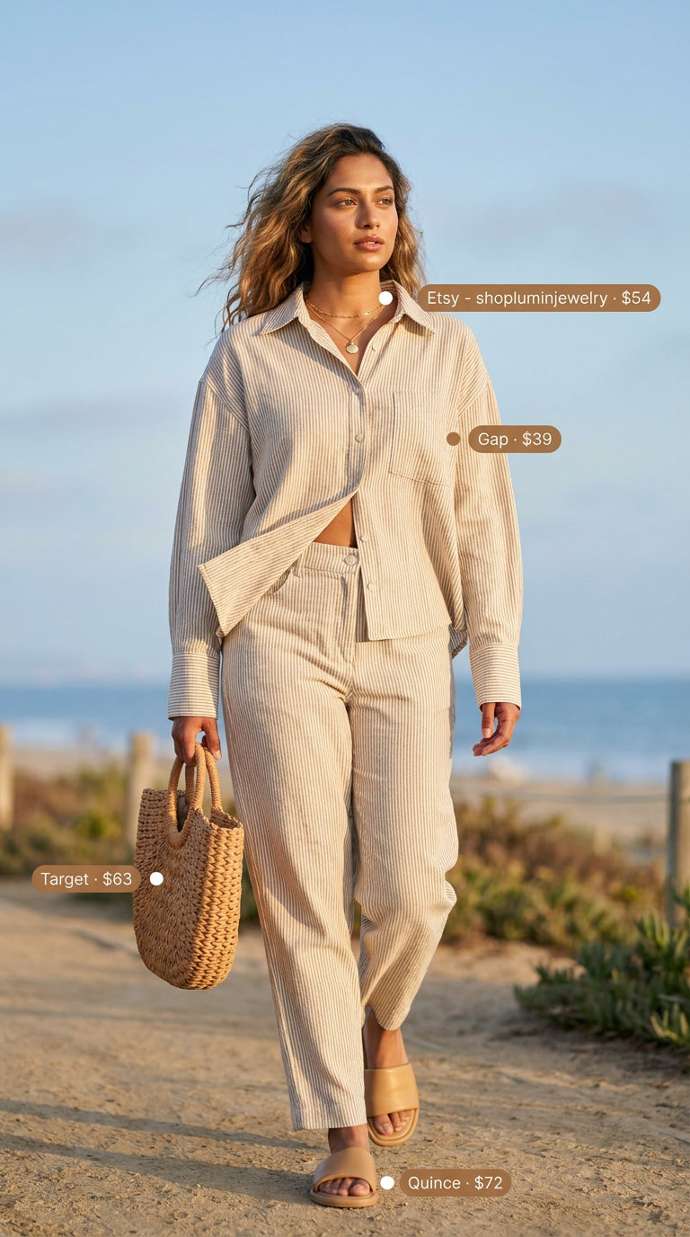 Coastal Breeze linen set for summer outfits with sandals for women 2026. Ecru shirt, light blue shorts, tan sandals.