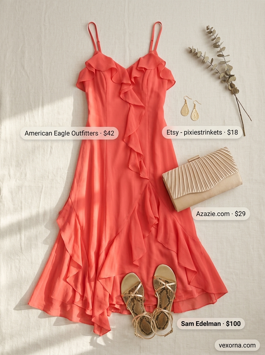 Romantic coral maxi dress with gold sandals & clutch for summer events. Summer outfits with sandals for women 2026.