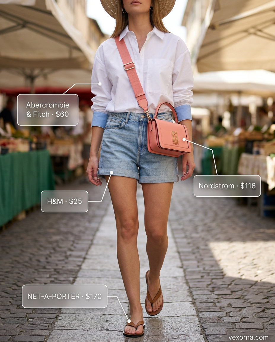 Denim shorts and breezy blouse for summer outfits with sandals for women 2026. White shirt, denim shorts, tan thong sandals.