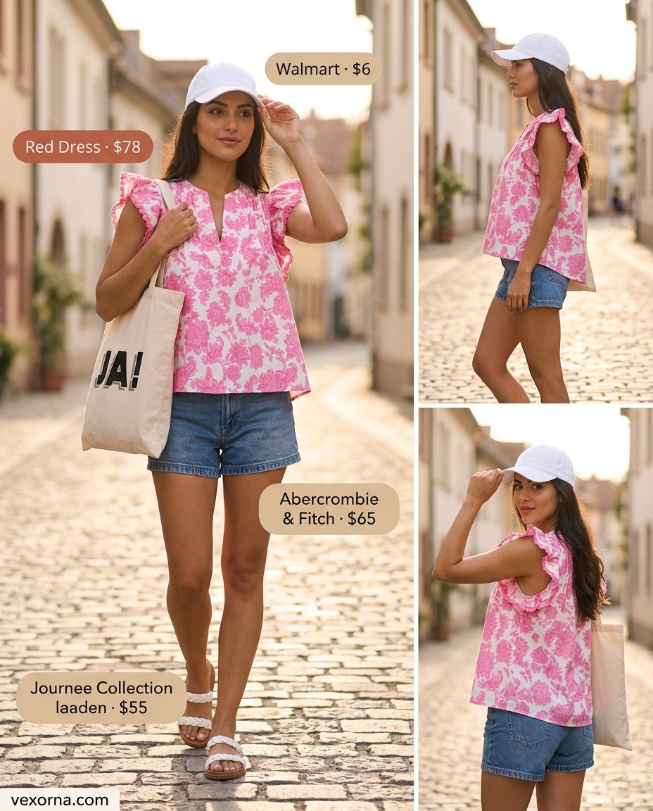 Casual denim shorts outfit with oversized floral shirt & white slides. Summer outfits with sandals for women 2026.