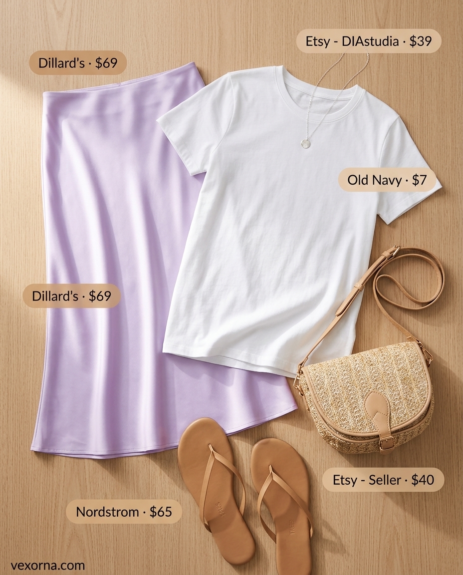 Feminine lavender satin midi skirt outfit with white tee & straw crossbody bag. Perfect summer outfits with sandals for women 2026.