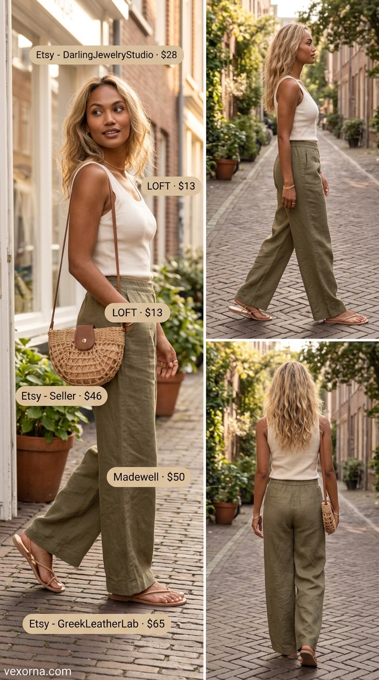 Coastal breeze linen pants for summer outfits with sandals for women 2026. Cream wide-leg pants, olive tank, tan sandals.