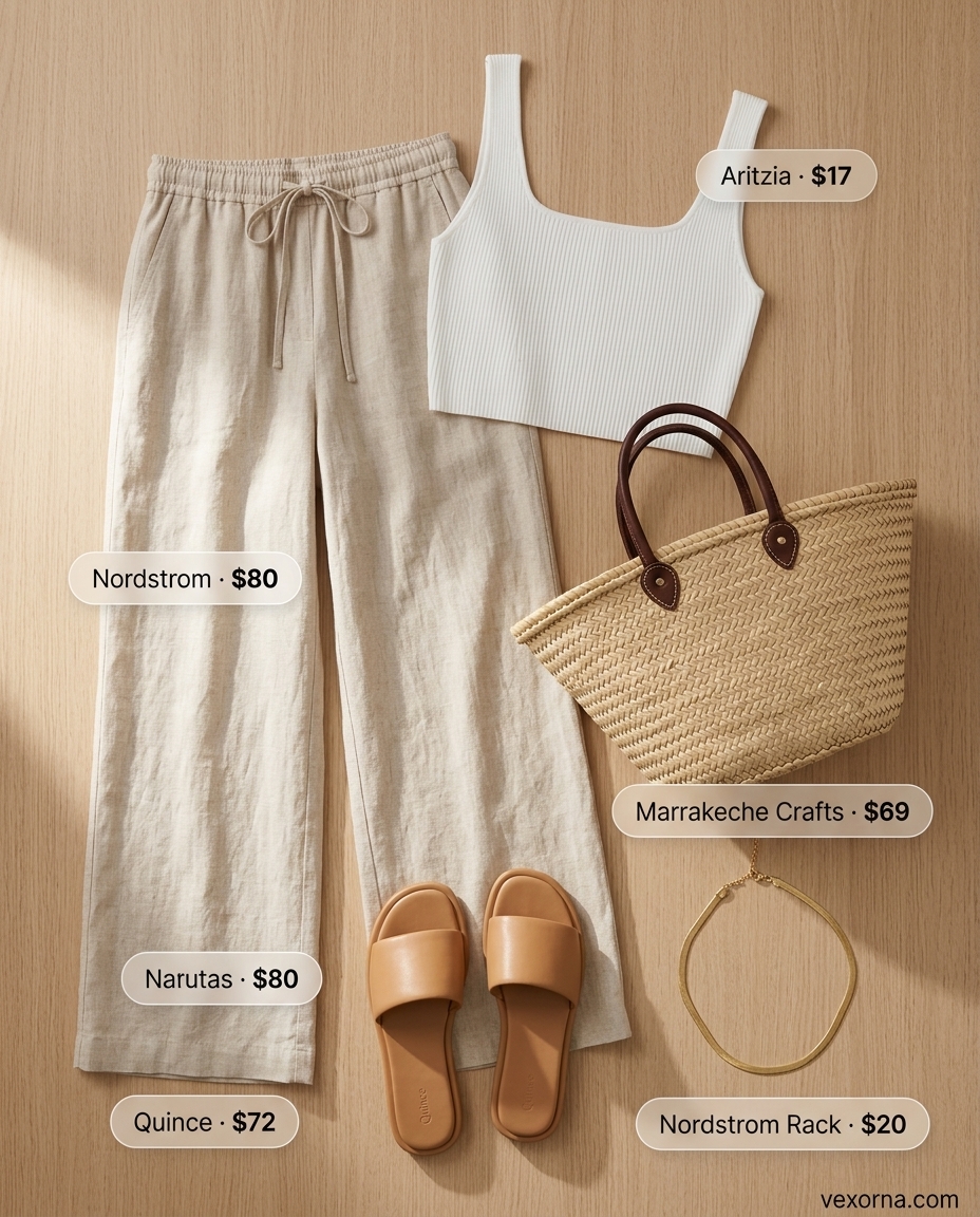 Effortless beige linen pants & white tank outfit with leather slides. Summer outfits with sandals for women 2026.