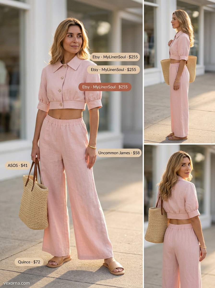 Chic dusty rose linen set with flat sandals & straw tote. Summer outfits with sandals for women 2026.