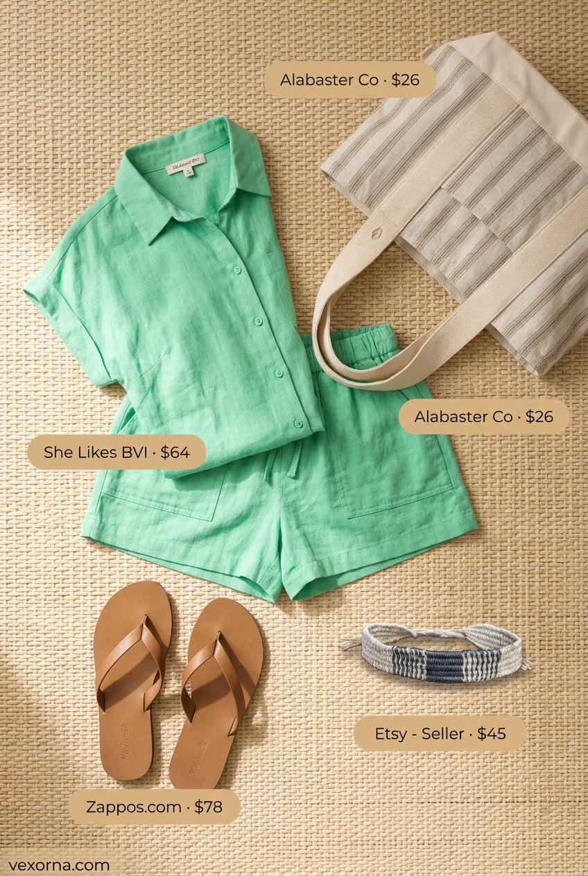 Comfortable summer outfits with sandals for women 2026: linen shorts set, thong sandals, canvas tote, woven bracelet.