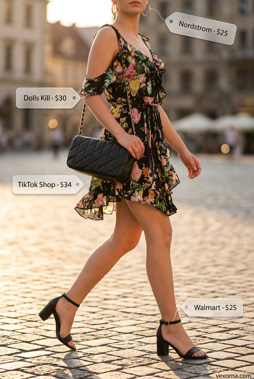 Chic summer outfits with sandals for women 2026: floral midi dress, block heel sandals, crossbody bag, hoop earrings.
