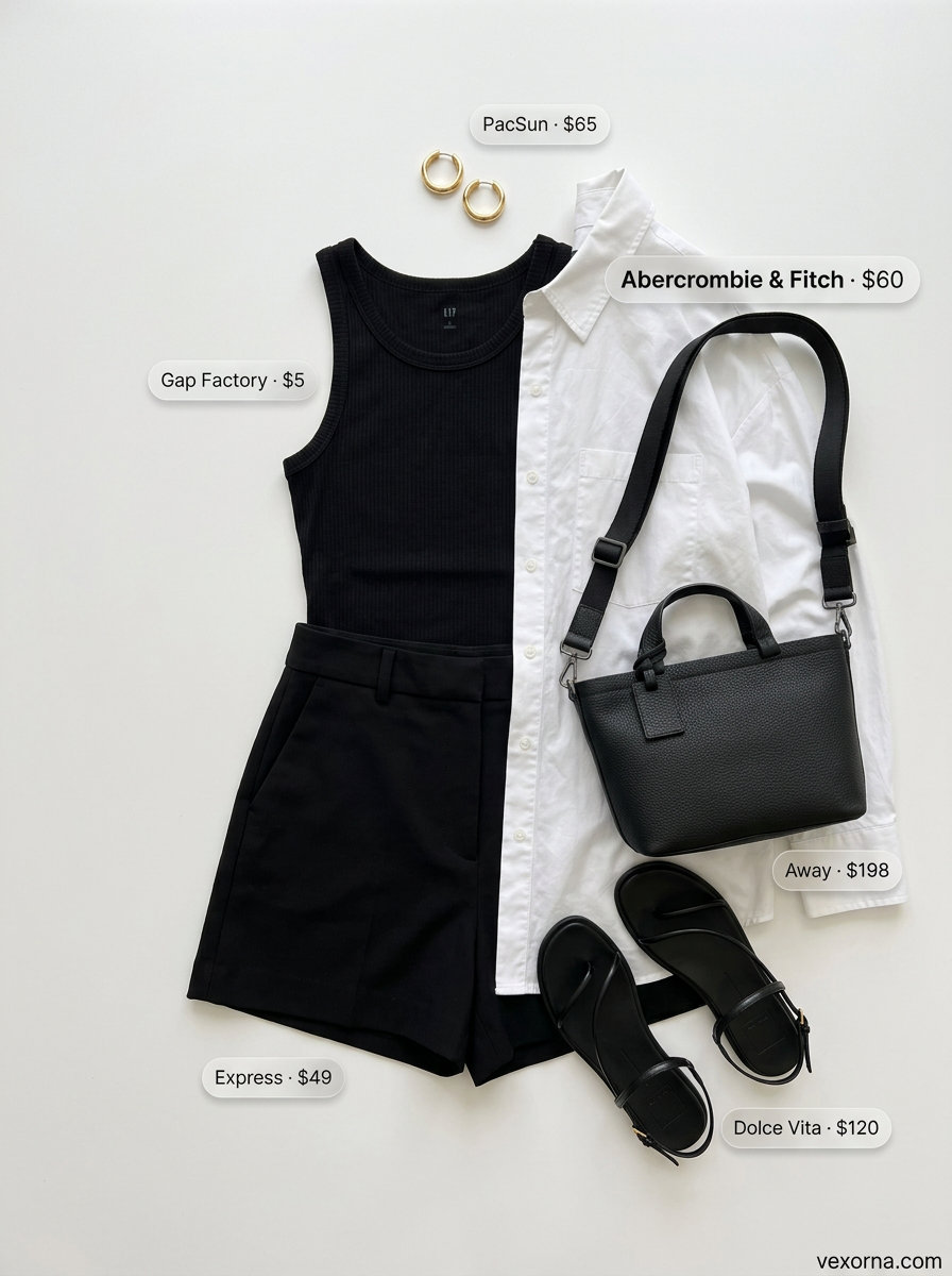 Minimalist chic summer outfits with sandals for women 2026: oversized shirt, tailored shorts, leather sandals, crossbody bag.
