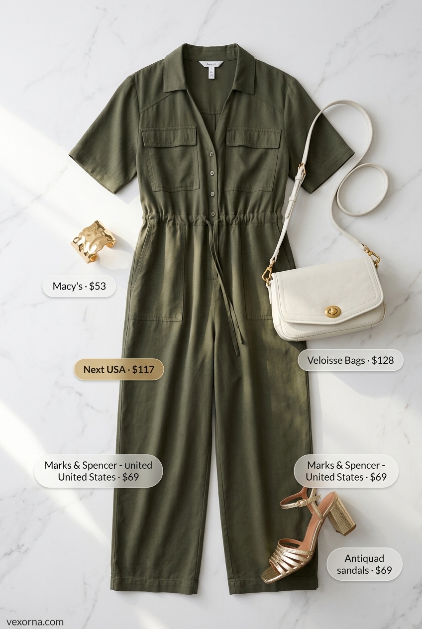 Chic olive green utility jumpsuit with gold sandals & crossbody bag. Summer outfits with sandals for women 2026.